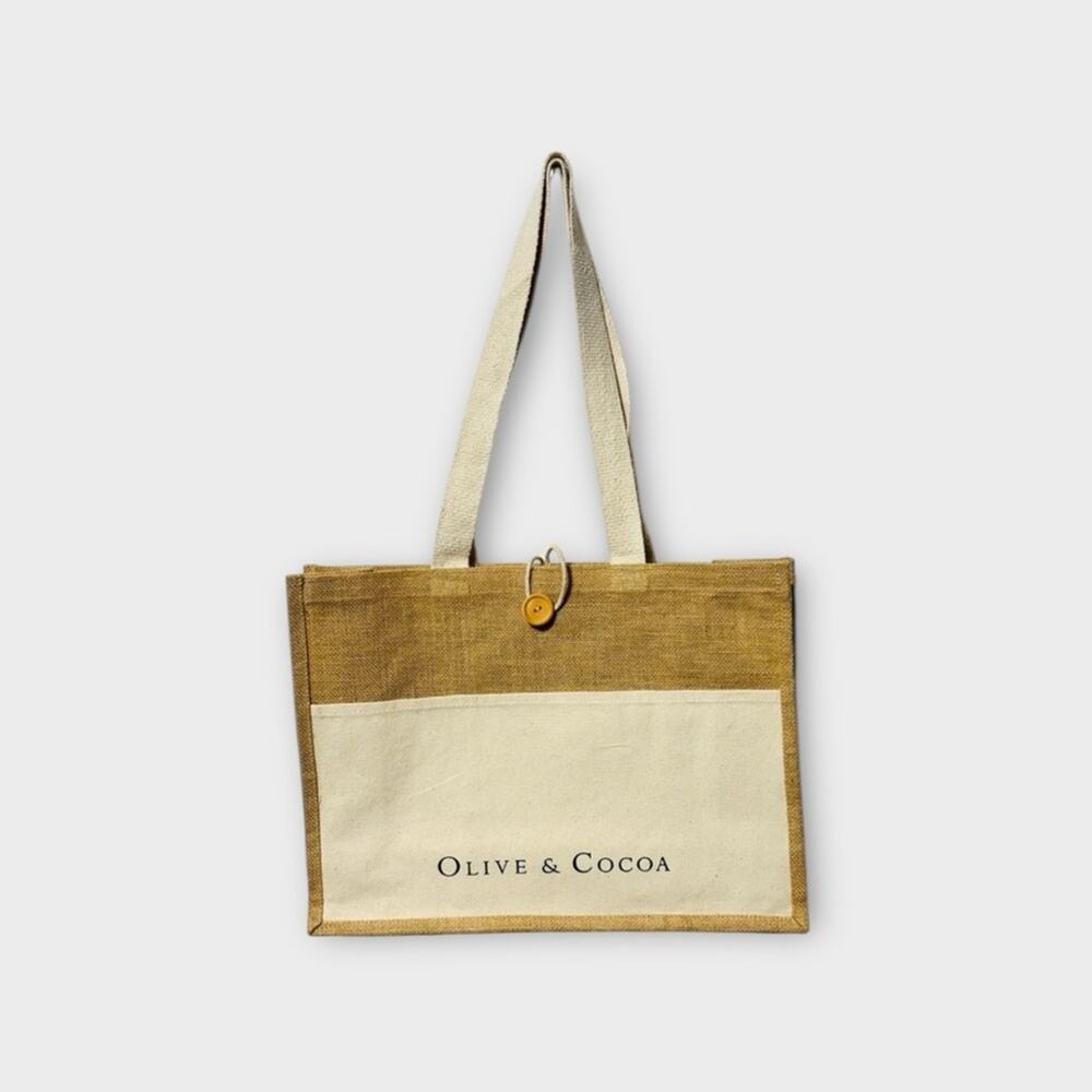 Olive & Cocoa Tan Cream Shopping Bag Tote Reusable Button Closure 17"x 14"x5.5"